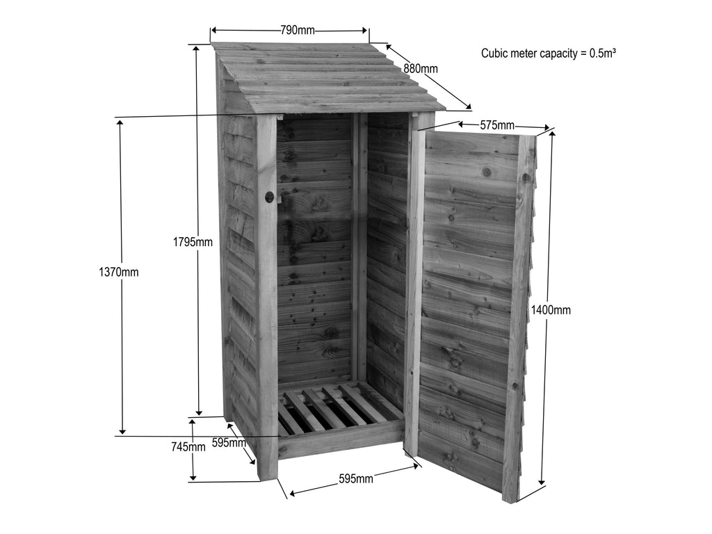 Slatted Wooden Log Store With Door W-79cm, H-126cm or 180cm, D-88cm - Brown Finish - SGP Garden Ltd