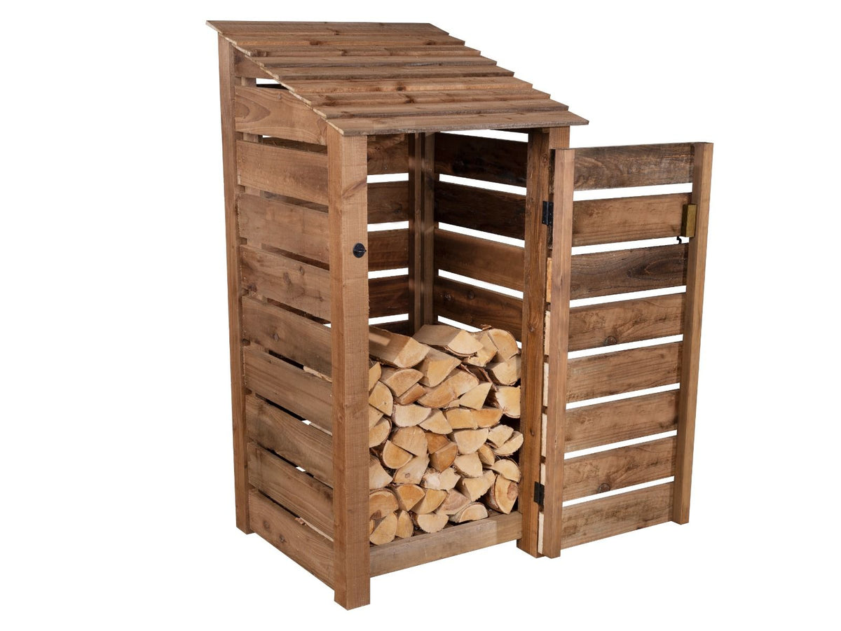 Slatted Wooden Log Store with Door W-99cm, H-126cm or 180cm, D-88cm - Brown Finish - SGP Garden Ltd
