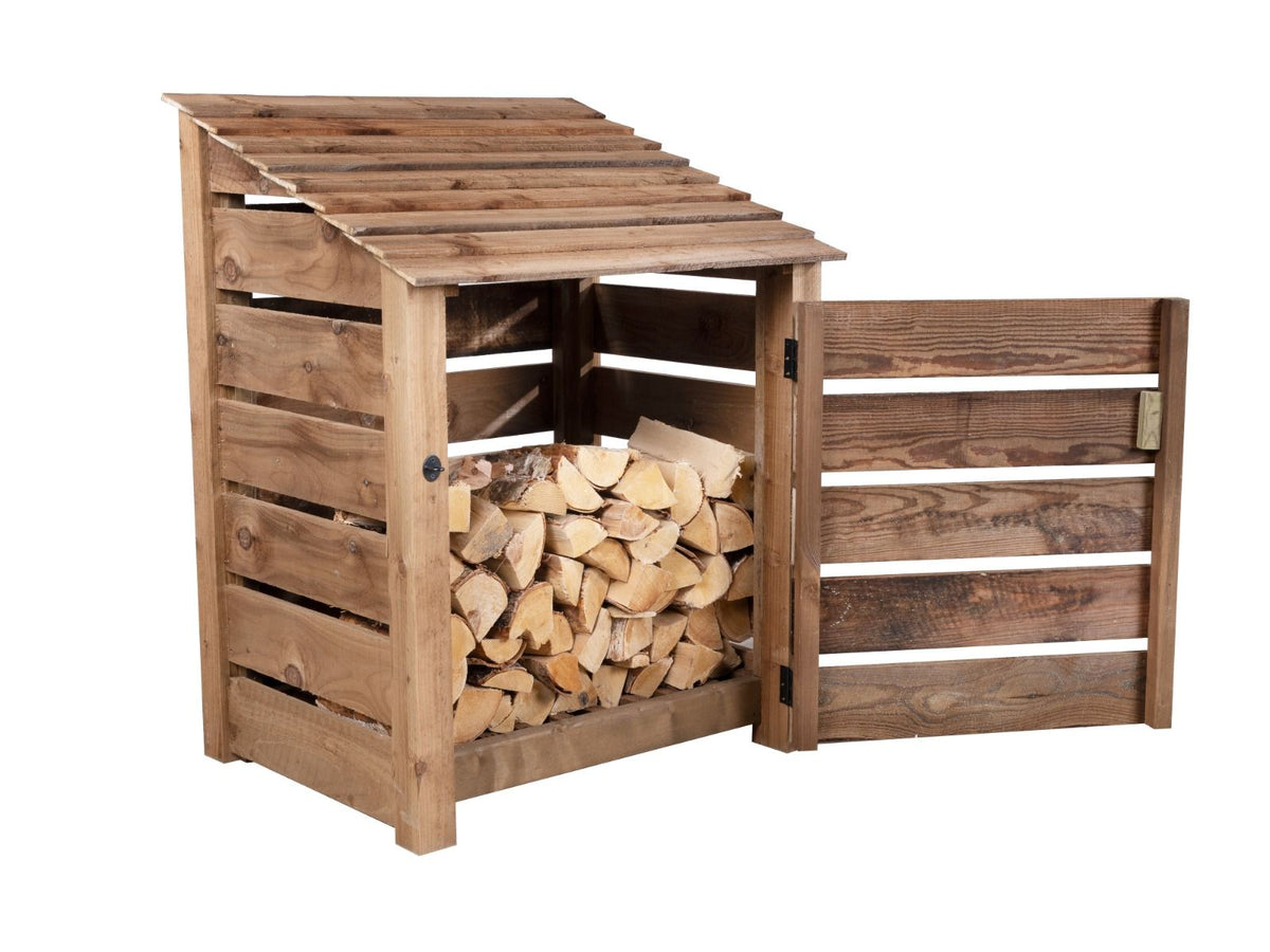 Slatted Wooden Log Store with Door W-99cm, H-126cm or 180cm, D-88cm - Brown Finish - SGP Garden Ltd