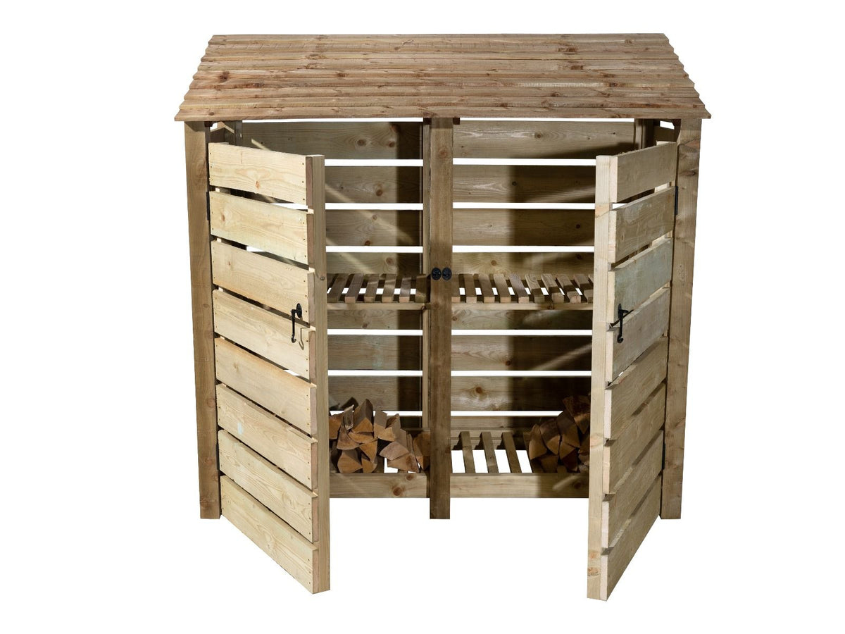 Slatted Wooden Log Store with Doors And Shelf W-187cm, H-126cm or 180cm, D-88cm - SGP Garden Ltd
