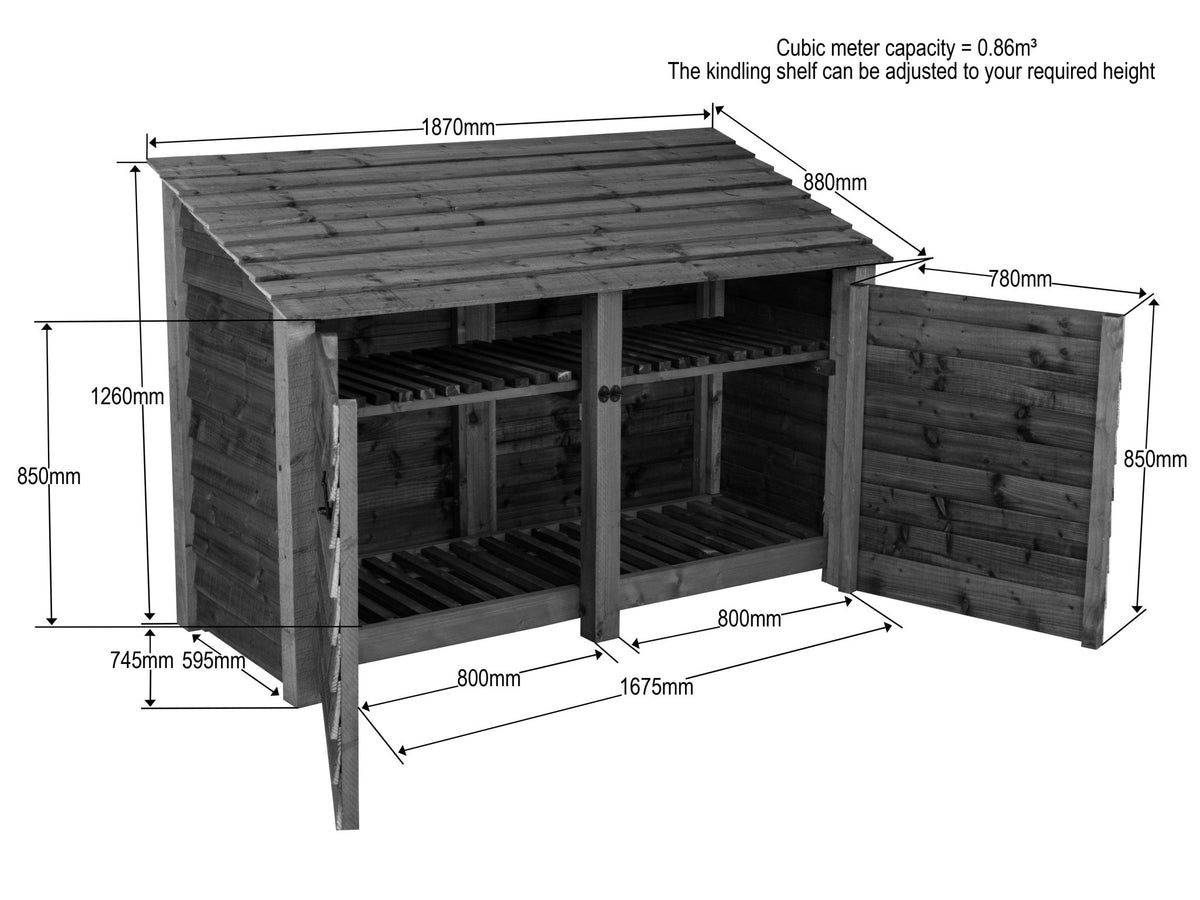 Slatted Wooden Log Store with Doors And Shelf W-187cm, H-126cm or 180cm, D-88cm - Brown Finish - SGP Garden Ltd
