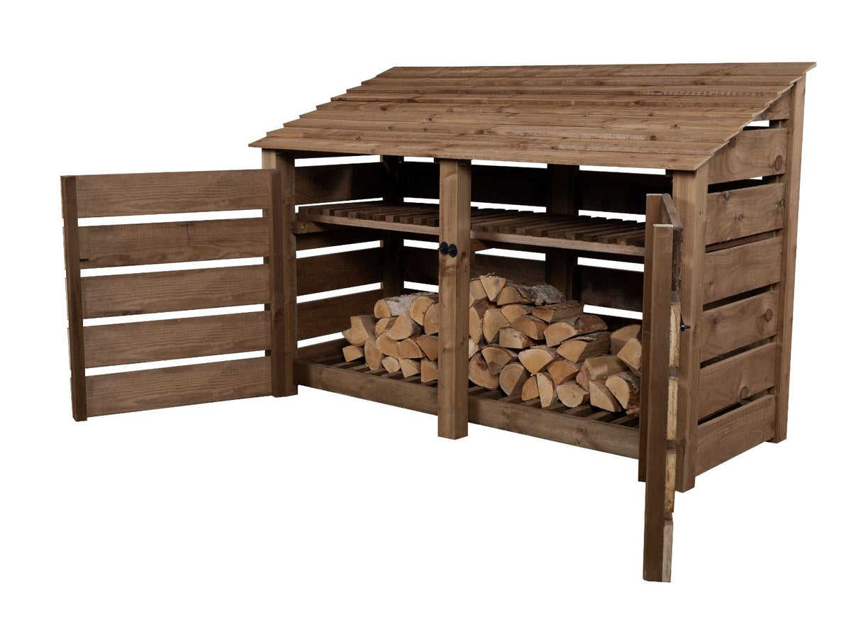 Slatted Wooden Log Store with Doors And Shelf W-187cm, H-126cm or 180cm, D-88cm - Brown Finish - SGP Garden Ltd