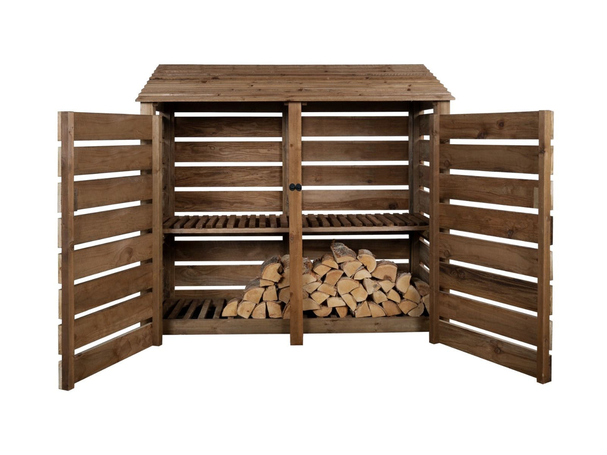 Slatted Wooden Log Store with Doors And Shelf W-187cm, H-126cm or 180cm, D-88cm - Brown Finish - SGP Garden Ltd
