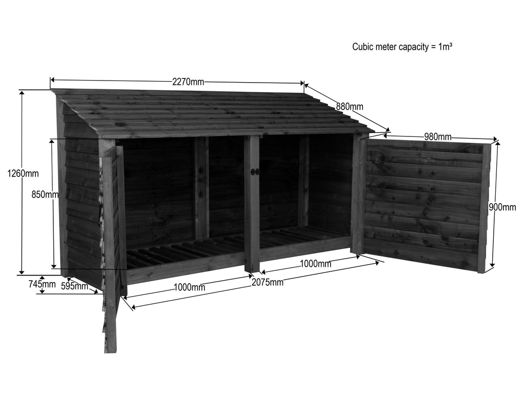 Slatted Wooden Log Store with Doors and Shelf W-227cm, H-126cm or 180cm, D-88cm - SGP Garden Ltd