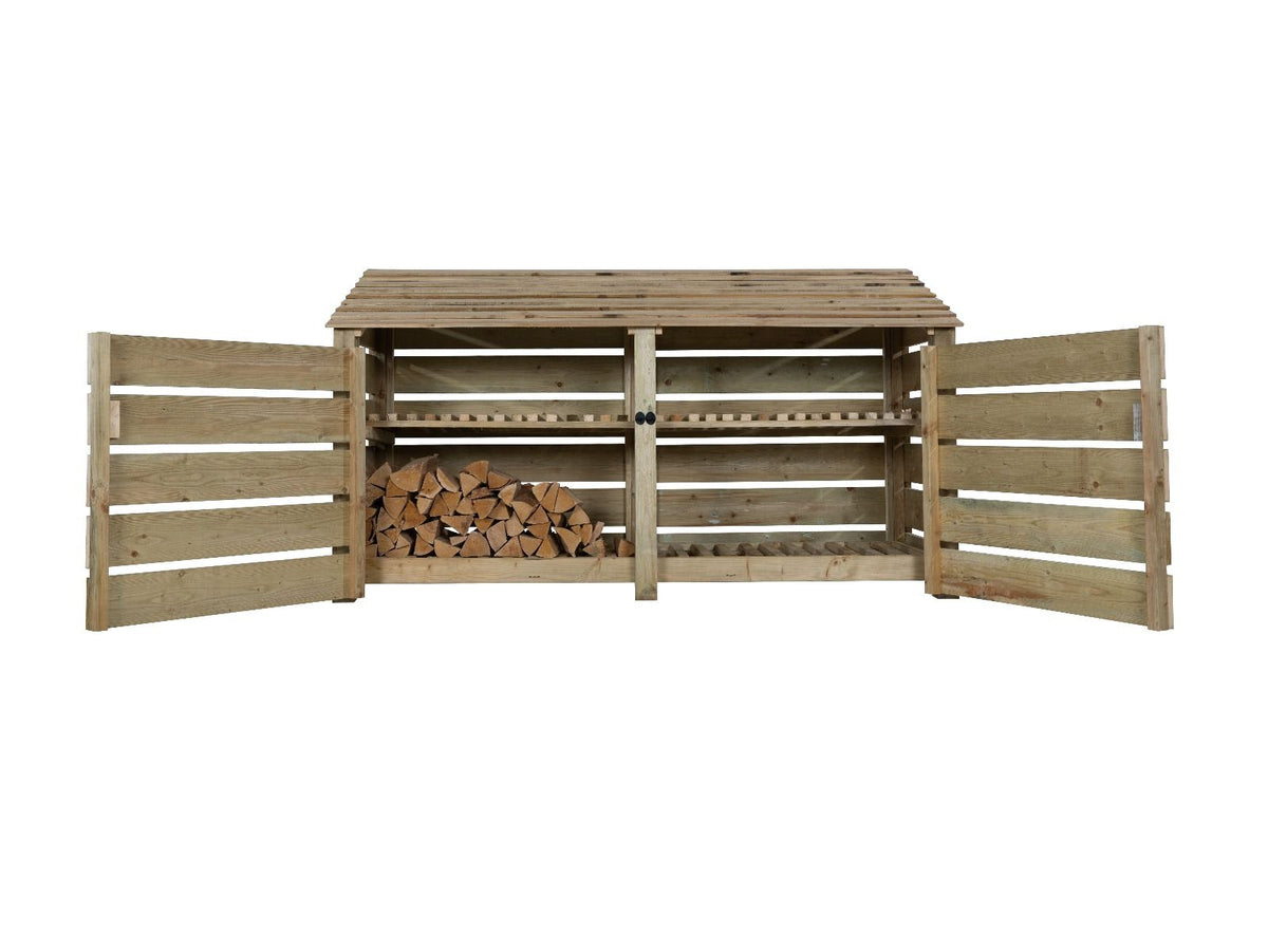 Slatted Wooden Log Store with Doors and Shelf W-227cm, H-126cm or 180cm, D-88cm - SGP Garden Ltd