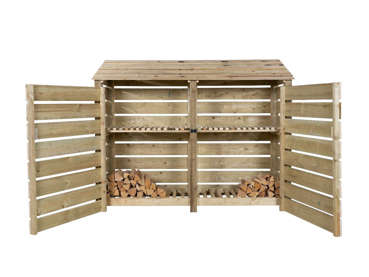 Slatted Wooden Log Store with Doors and Shelf W-227cm, H-126cm or 180cm, D-88cm - SGP Garden Ltd