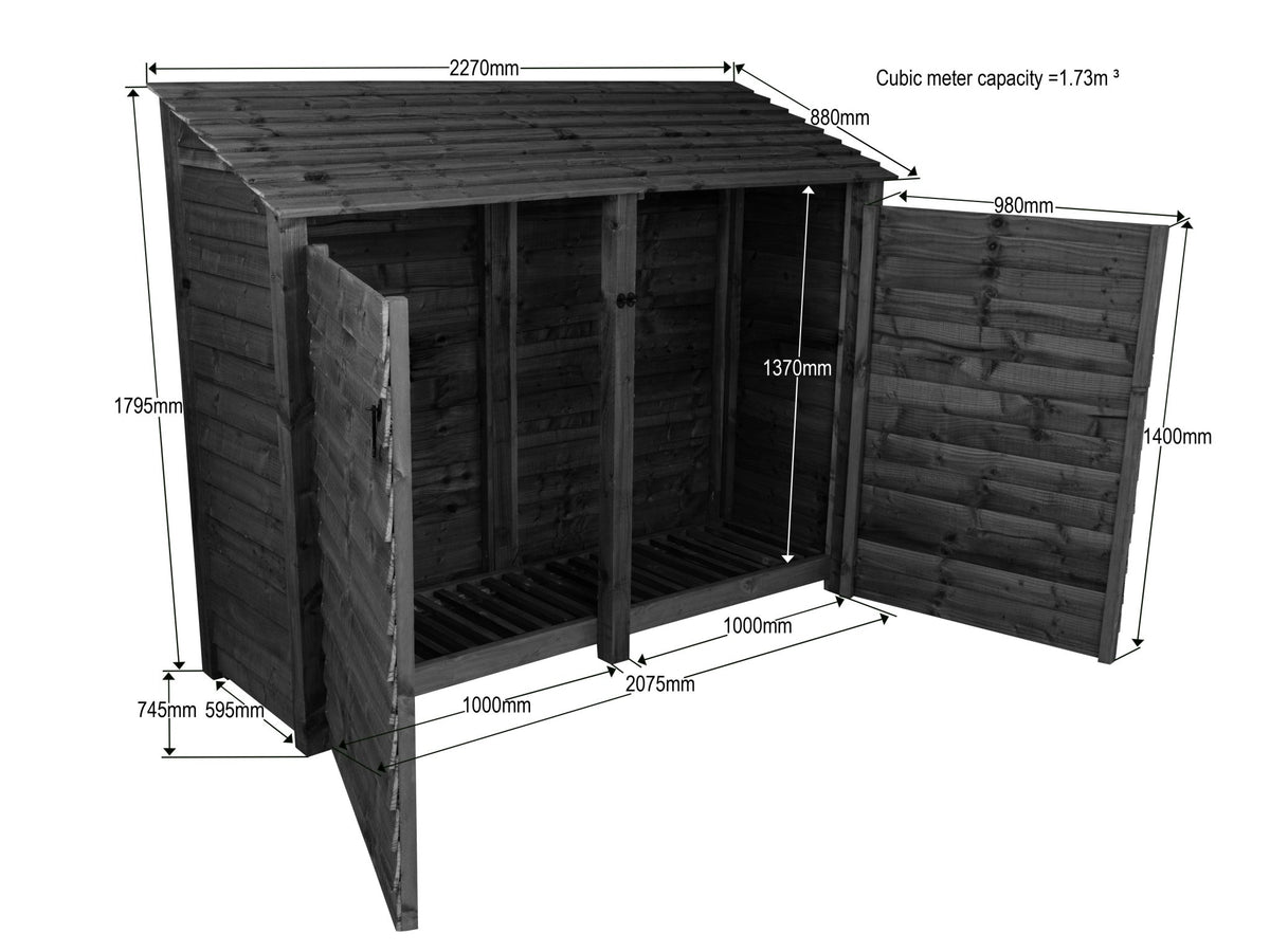 Slatted Wooden Log Store with Doors and Shelf W-227cm, H-126cm or 180cm, D-88cm - SGP Garden Ltd