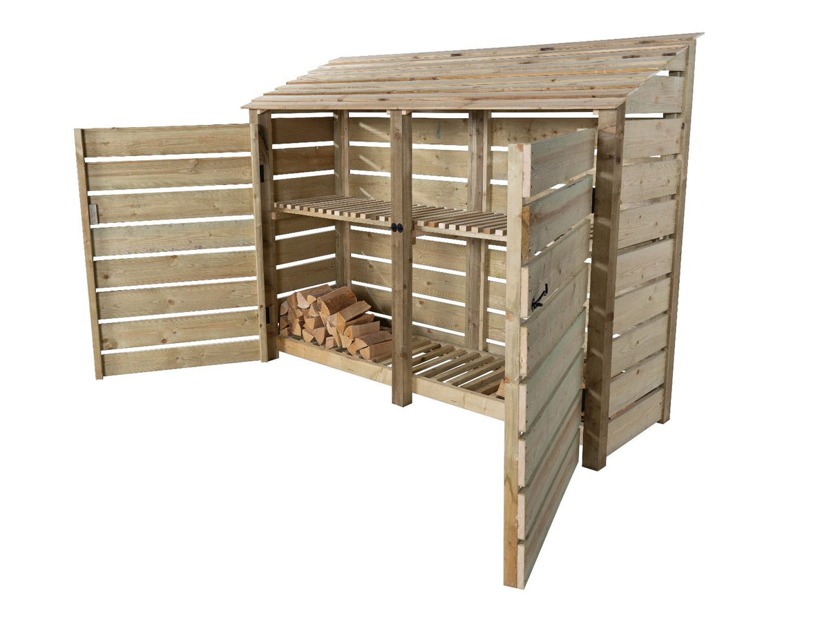 Slatted Wooden Log Store with Doors and Shelf W-227cm, H-126cm or 180cm, D-88cm - SGP Garden Ltd