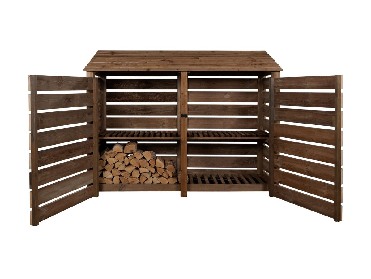 Slatted Wooden Log Store with Doors and Shelf W-227cm, H-126cm or 180cm, D-88cm - Brown Finish - SGP Garden Ltd