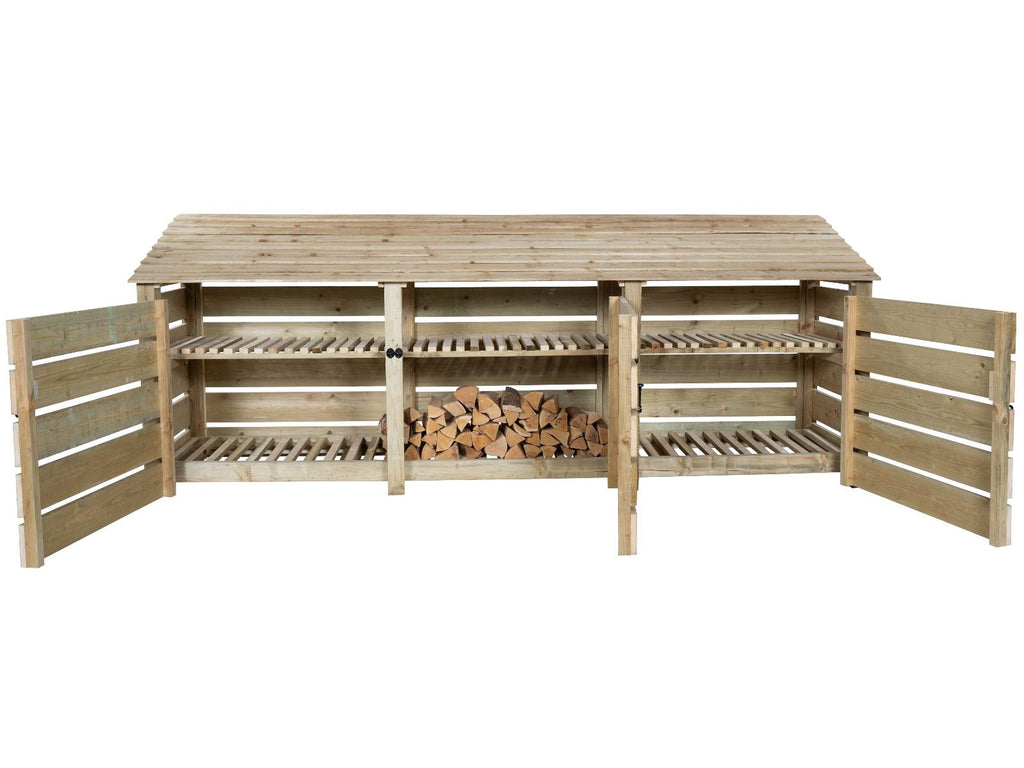 Slatted Wooden Log Store with Doors and Shelf W-335cm, H-126cm or 180cm, D-88cm - SGP Garden Ltd