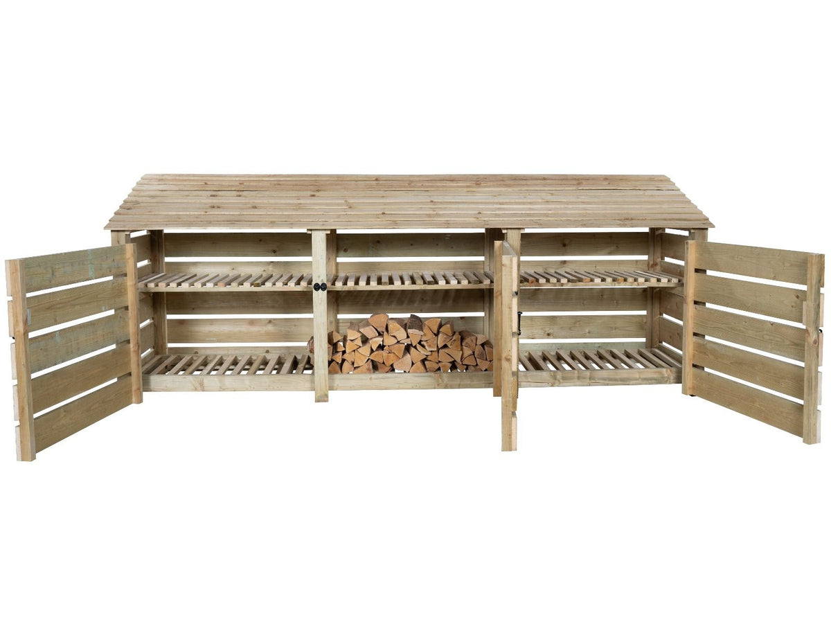 Slatted Wooden Log Store with Doors and Shelf W-335cm, H-126cm or 180cm, D-88cm - SGP Garden Ltd