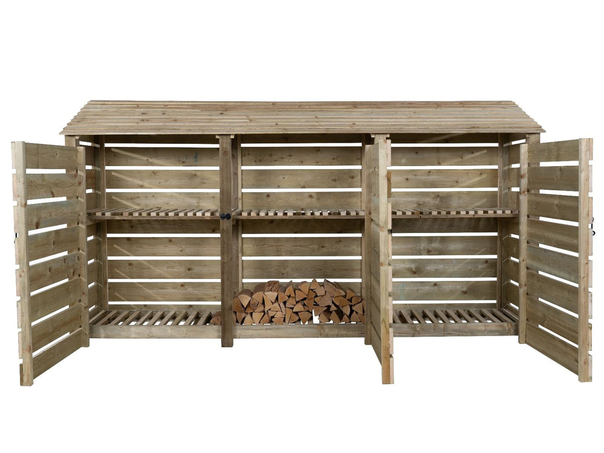 Slatted Wooden Log Store with Doors and Shelf W-335cm, H-126cm or 180cm, D-88cm - SGP Garden Ltd