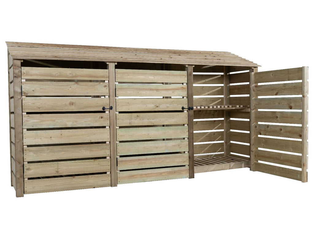 Slatted Wooden Log Store with Doors and Shelf W-335cm, H-126cm or 180cm, D-88cm - SGP Garden Ltd