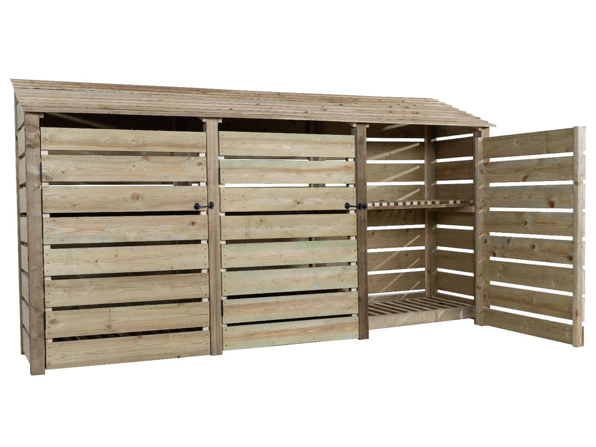 Slatted Wooden Log Store with Doors and Shelf W-335cm, H-126cm or 180cm, D-88cm - SGP Garden Ltd
