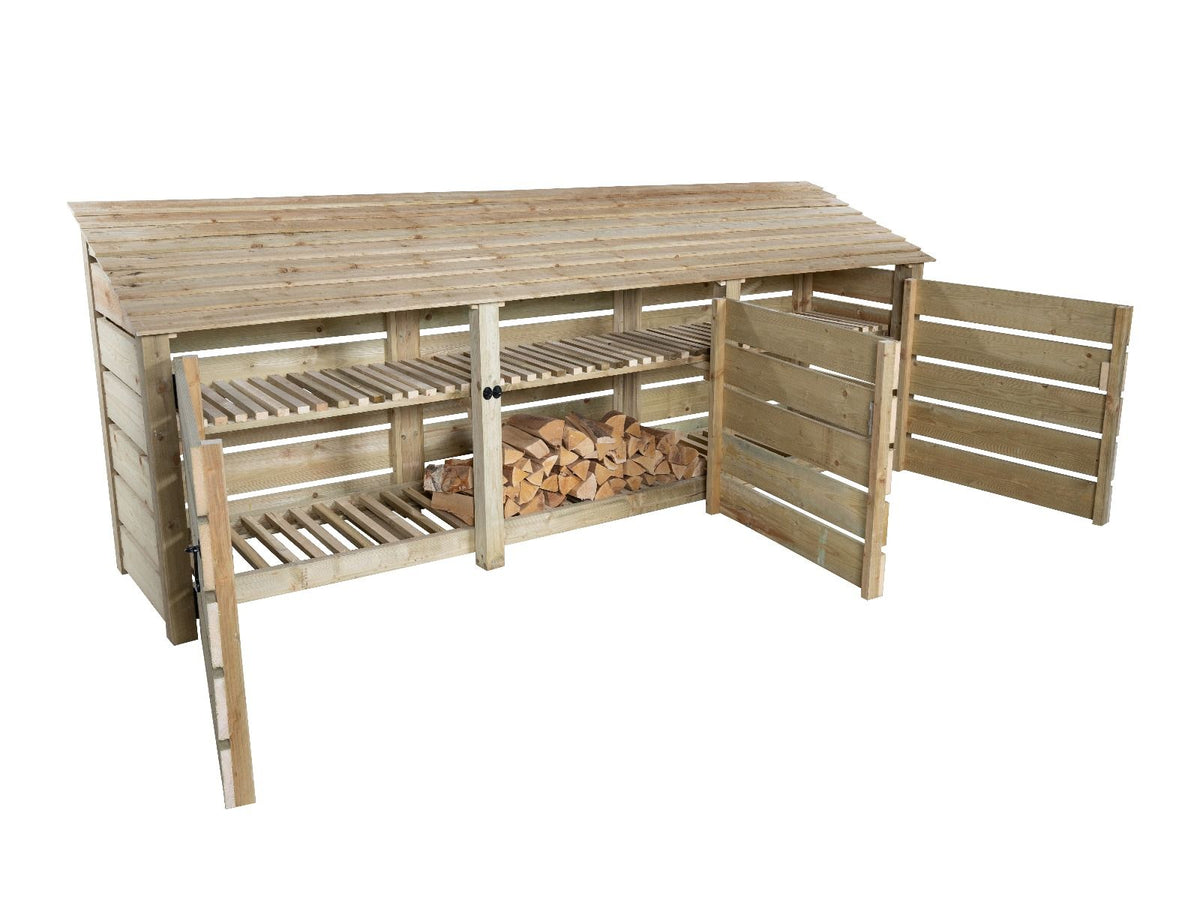 Slatted Wooden Log Store with Doors and Shelf W-335cm, H-126cm or 180cm, D-88cm - SGP Garden Ltd