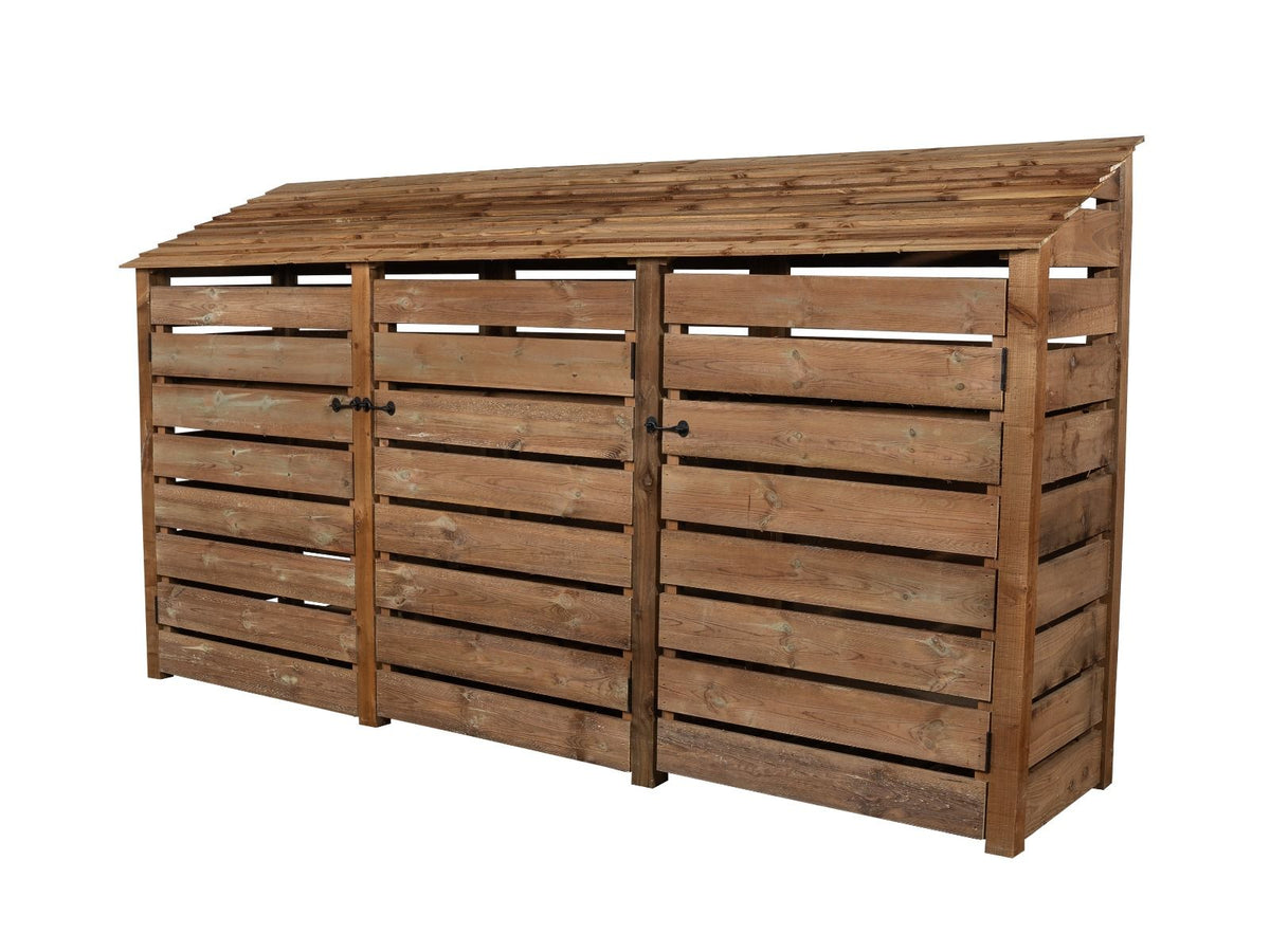 Slatted Wooden Log Store with Doors and Shelf W-335cm, H-126cm or 180cm, D-88cm - Brown Finish - SGP Garden Ltd