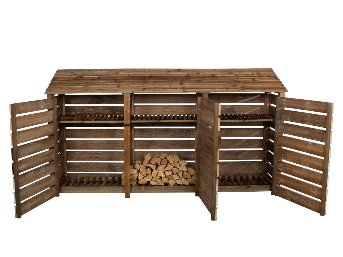 Slatted Wooden Log Store with Doors and Shelf W-335cm, H-126cm or 180cm, D-88cm - Brown Finish - SGP Garden Ltd