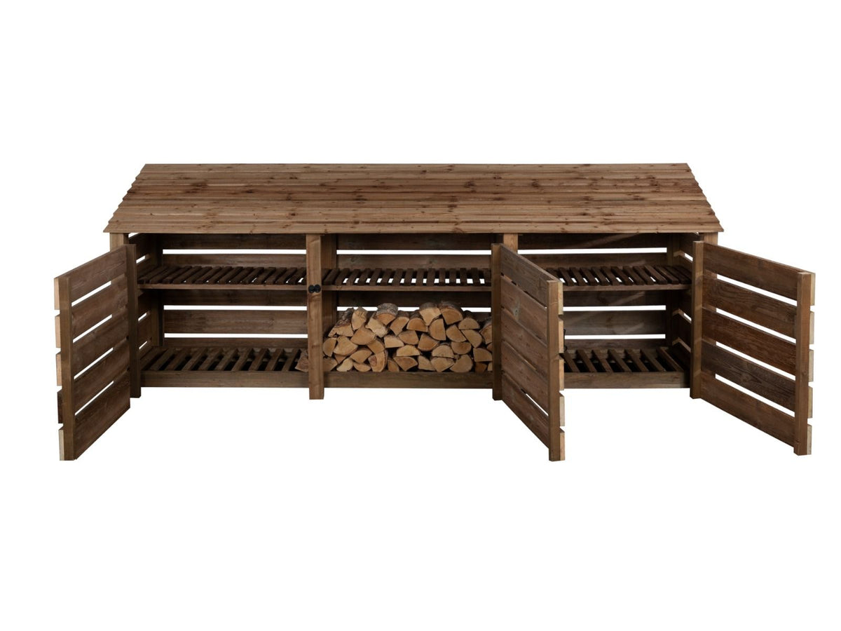 Slatted Wooden Log Store with Doors and Shelf W-335cm, H-126cm or 180cm, D-88cm - Brown Finish - SGP Garden Ltd