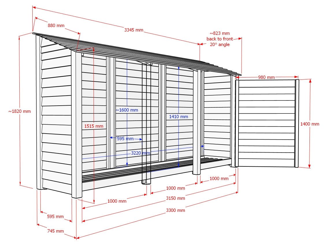 Slatted Wooden Log Store with Doors and Shelf W-335cm, H-126cm or 180cm, D-88cm - Brown Finish - SGP Garden Ltd