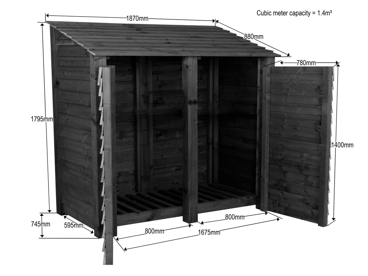 Slatted Wooden Log Store with Doors W-187cm, H-126cm or 180cm, D-88cm - SGP Garden Ltd
