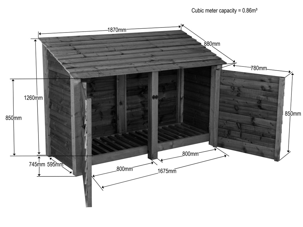 Slatted Wooden Log Store with Doors W-187cm, H-126cm or 180cm, D-88cm - SGP Garden Ltd