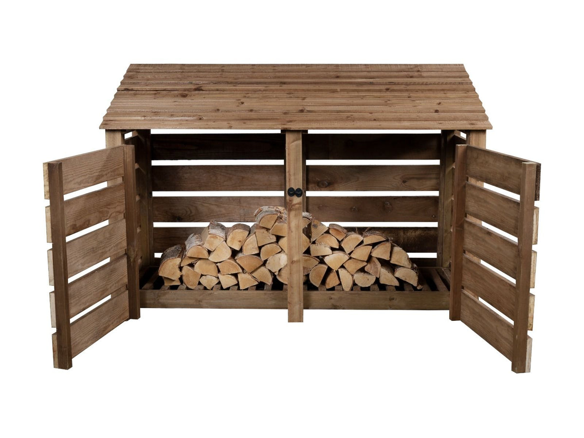 Slatted Wooden Log Store with Doors W-187cm, H-126cm or 180cm, D-88cm - Brown Finish - SGP Garden Ltd