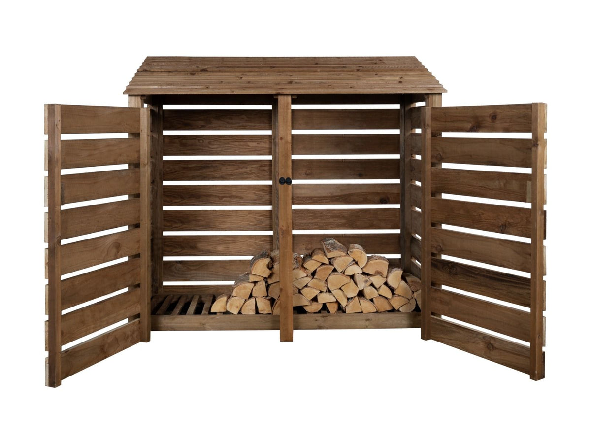 Slatted Wooden Log Store with Doors W-187cm, H-126cm or 180cm, D-88cm - Brown Finish - SGP Garden Ltd