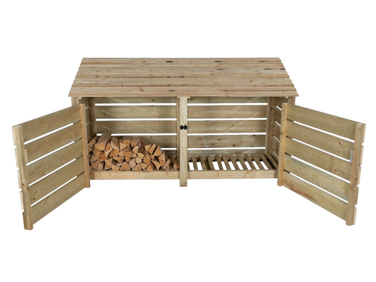 Slatted Wooden Log Store with Doors W-227cm, H-126cm or 180cm, D-88cm - SGP Garden Ltd