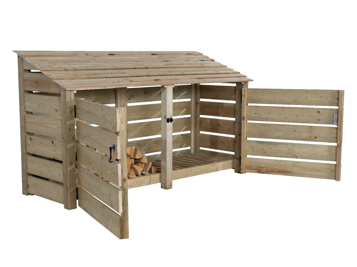 Slatted Wooden Log Store with Doors W-227cm, H-126cm or 180cm, D-88cm - SGP Garden Ltd