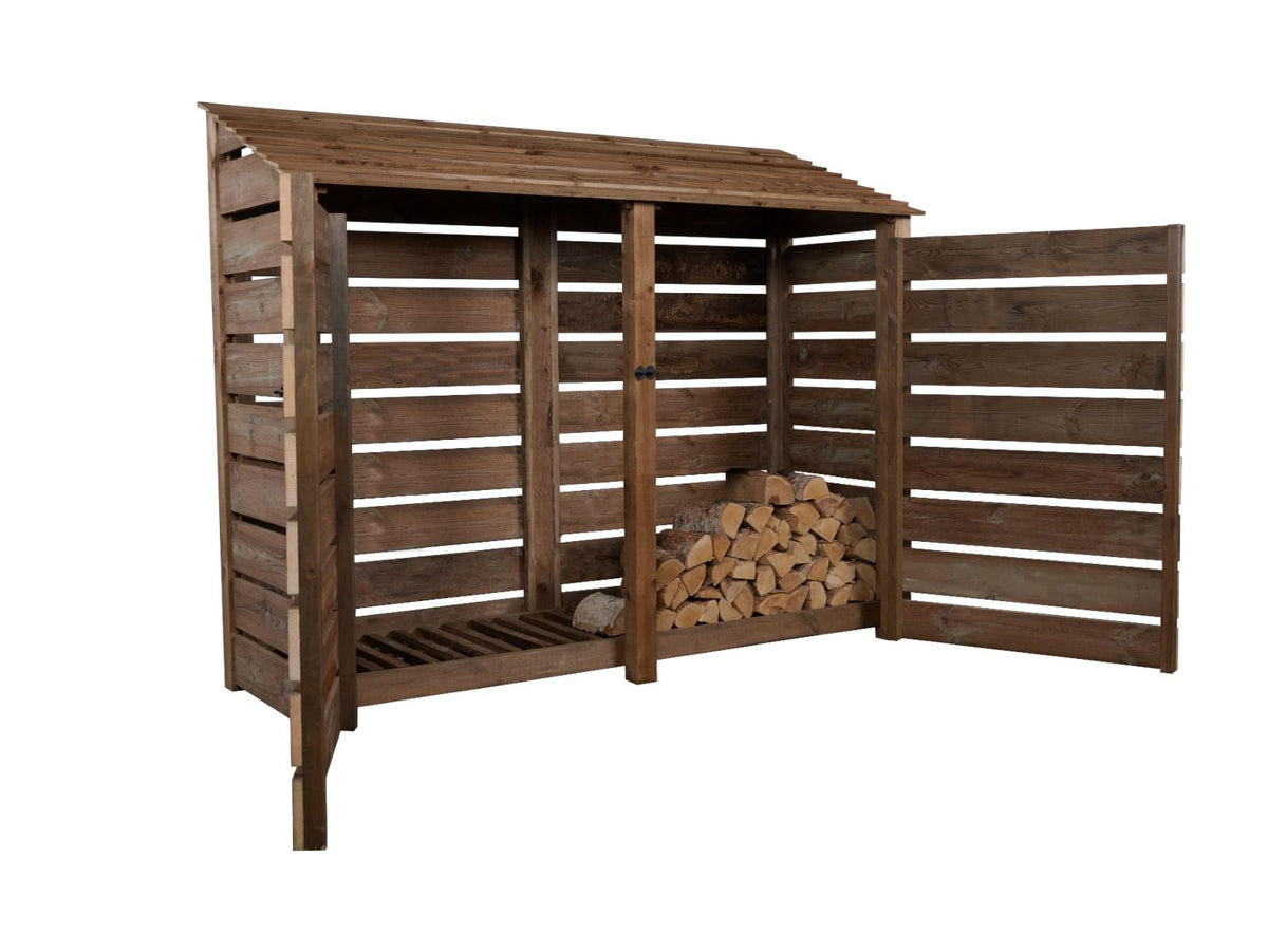 Slatted Wooden Log Store with Doors W-227cm, H-126cm or 180cm, D-88cm - Brown Finish - SGP Garden Ltd