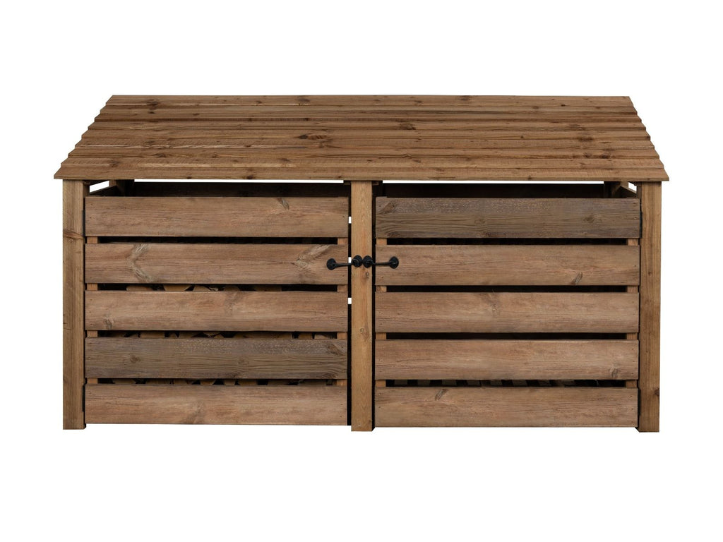 Slatted Wooden Log Store with Doors W-227cm, H-126cm or 180cm, D-88cm - Brown Finish - SGP Garden Ltd