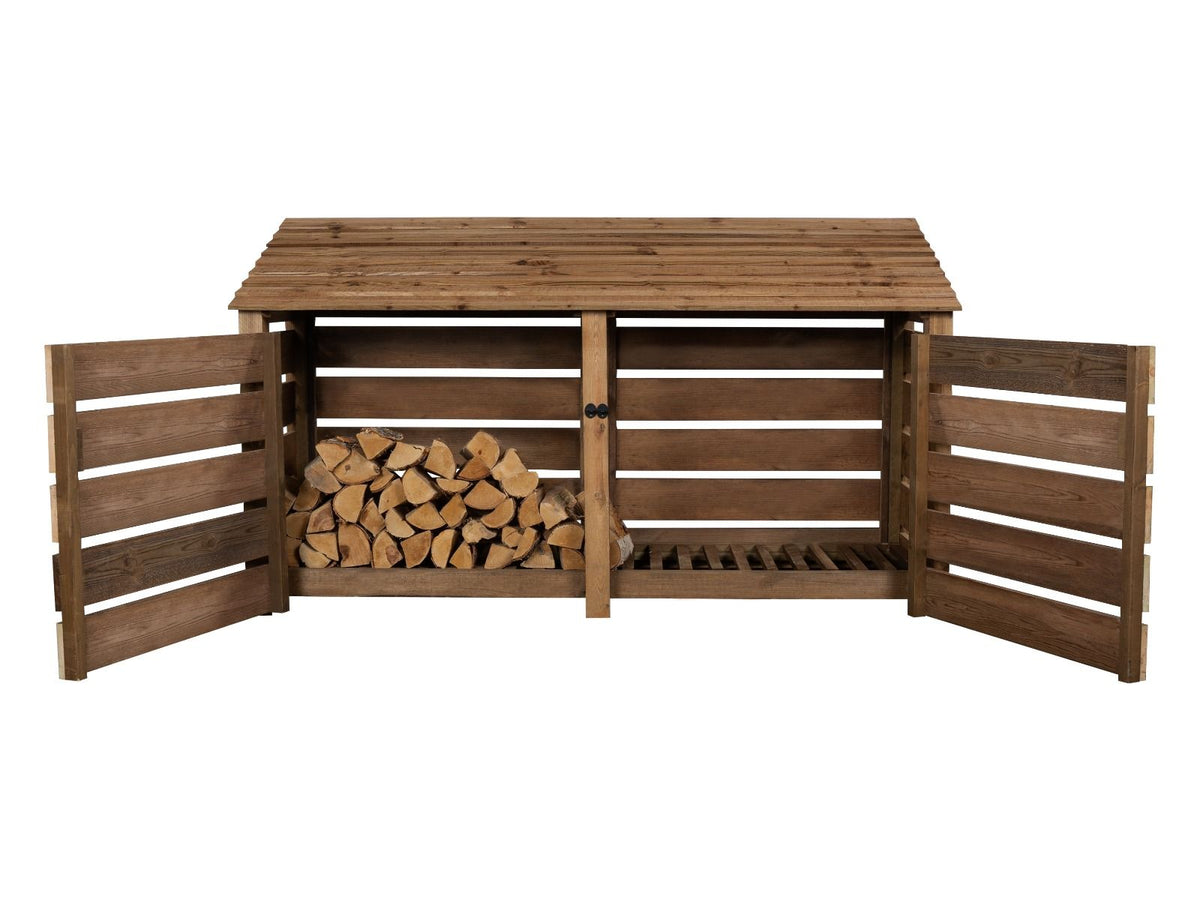 Slatted Wooden Log Store with Doors W-227cm, H-126cm or 180cm, D-88cm - Brown Finish - SGP Garden Ltd