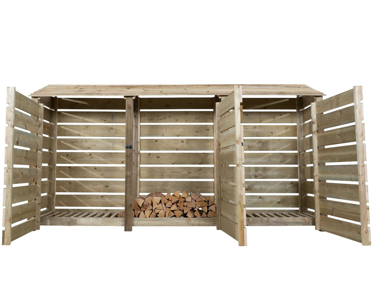 Slatted Wooden Log Store with Doors W-335cm, H-126cm or 180cm, D-88cm - SGP Garden Ltd