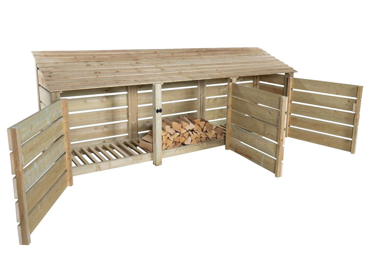 Slatted Wooden Log Store with Doors W-335cm, H-126cm or 180cm, D-88cm - SGP Garden Ltd