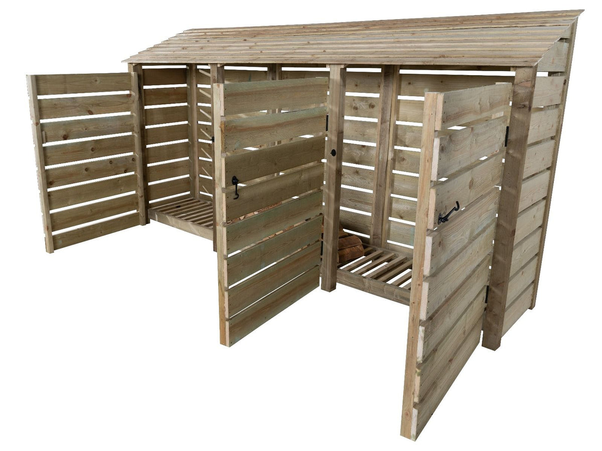 Slatted Wooden Log Store with Doors W-335cm, H-126cm or 180cm, D-88cm - SGP Garden Ltd
