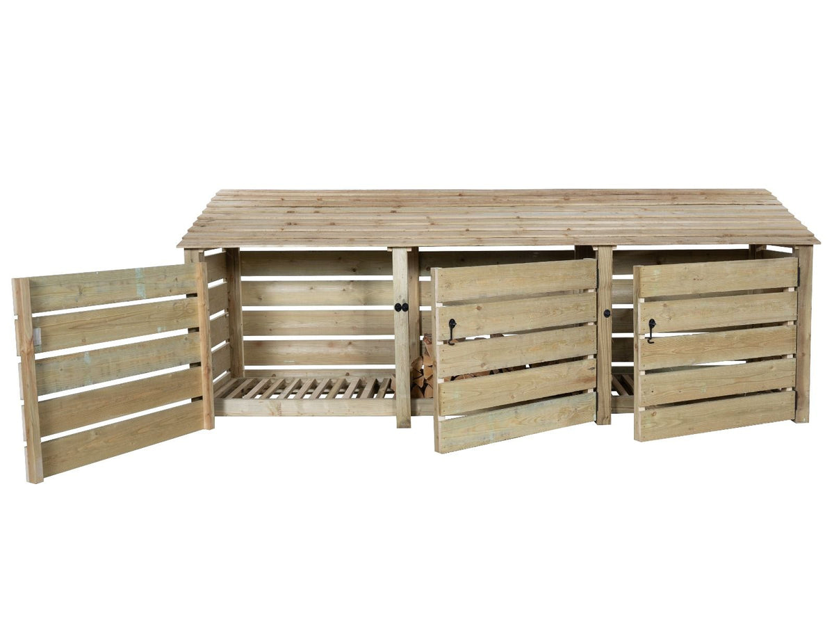 Slatted Wooden Log Store with Doors W-335cm, H-126cm or 180cm, D-88cm - SGP Garden Ltd