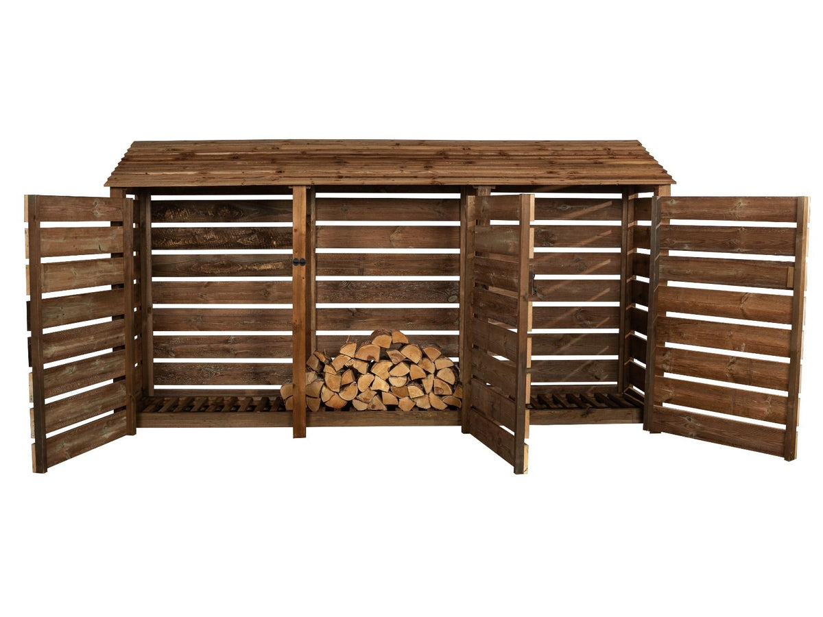 Slatted Wooden Log Store with Doors W-335cm, H-126cm or 180cm, D-88cm - Brown Finish - SGP Garden Ltd