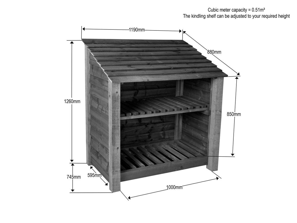 Slatted Wooden Log Store with Shelf W-119cm, H-126cm Or 180cm, D-88cm - SGP Garden Ltd