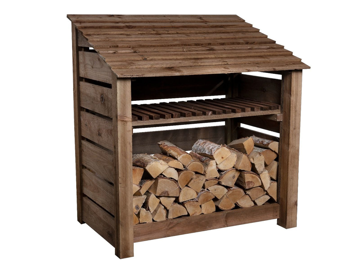 Slatted Wooden Log Store with Shelf W-119cm, H-126cm or 180cm, D-88cm - Brown Finish - SGP Garden Ltd
