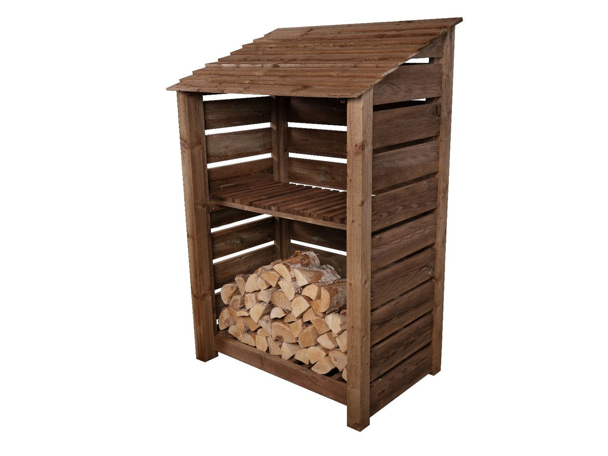 Slatted Wooden Log Store with Shelf W-119cm, H-126cm or 180cm, D-88cm - Brown Finish - SGP Garden Ltd