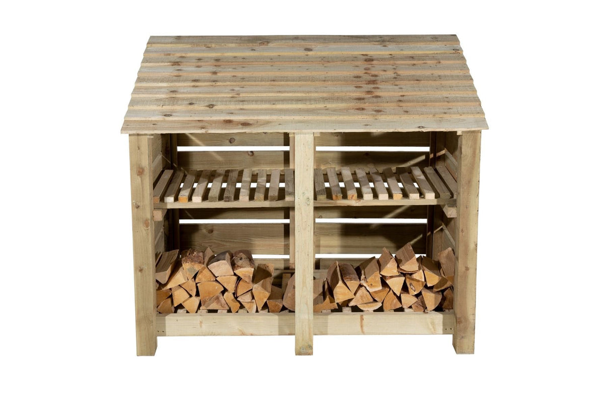 Slatted Wooden Log Store with Shelf W-146cm, H-126cm or 180cm, D-88cm - SGP Garden Ltd