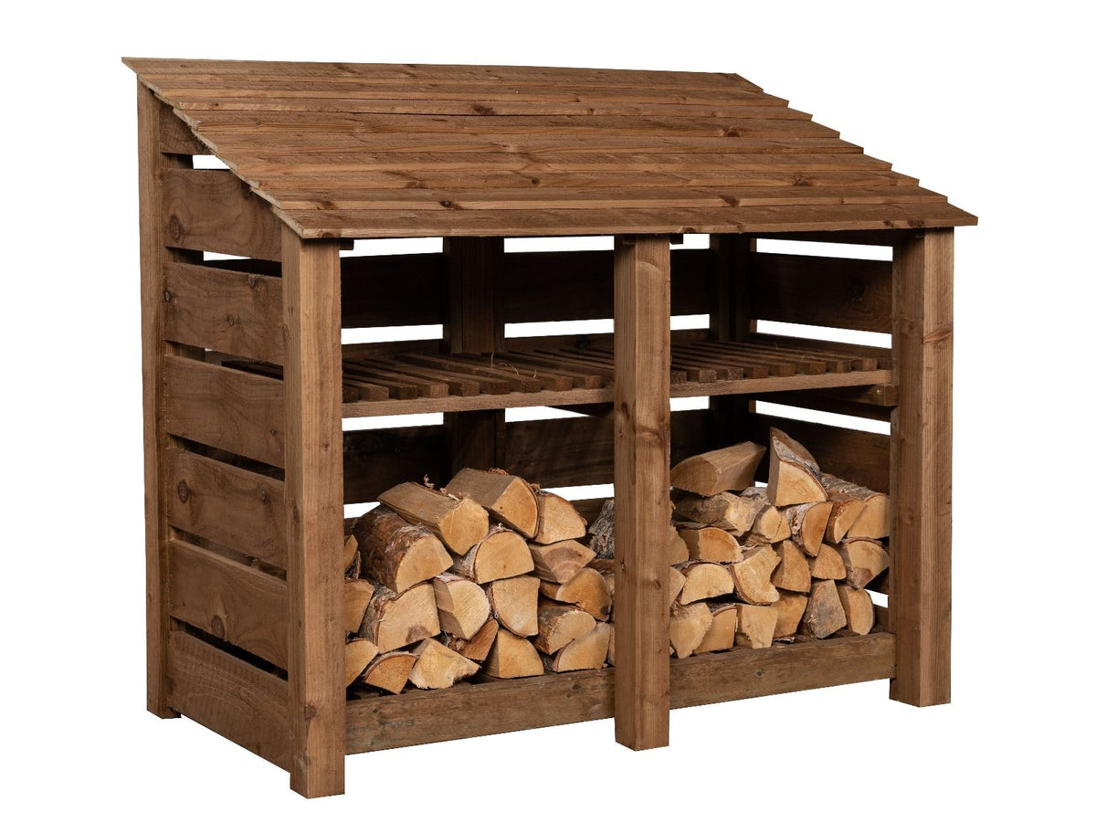 Slatted Wooden Log Store with Shelf W-146cm, H-126cm or 180cm, D-88cm - Brown Finish - SGP Garden Ltd