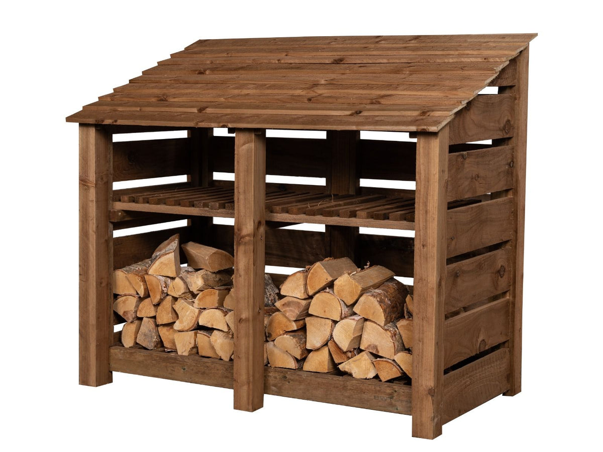 Slatted Wooden Log Store with Shelf W-146cm, H-126cm or 180cm, D-88cm - Brown Finish - SGP Garden Ltd