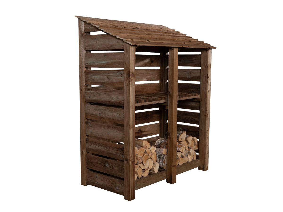 Slatted Wooden Log Store with Shelf W-146cm, H-126cm or 180cm, D-88cm - Brown Finish - SGP Garden Ltd