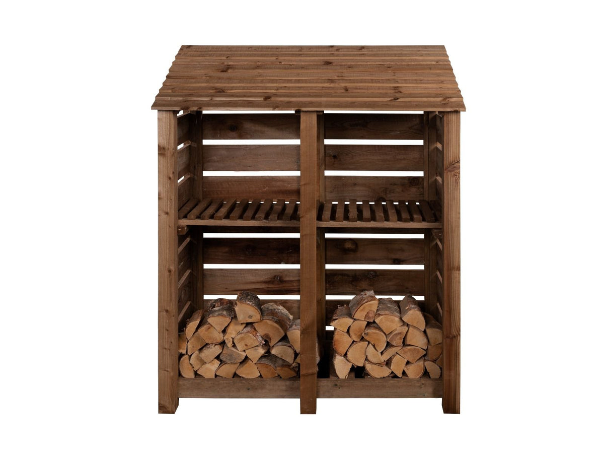 Slatted Wooden Log Store with Shelf W-146cm, H-126cm or 180cm, D-88cm - Brown Finish - SGP Garden Ltd