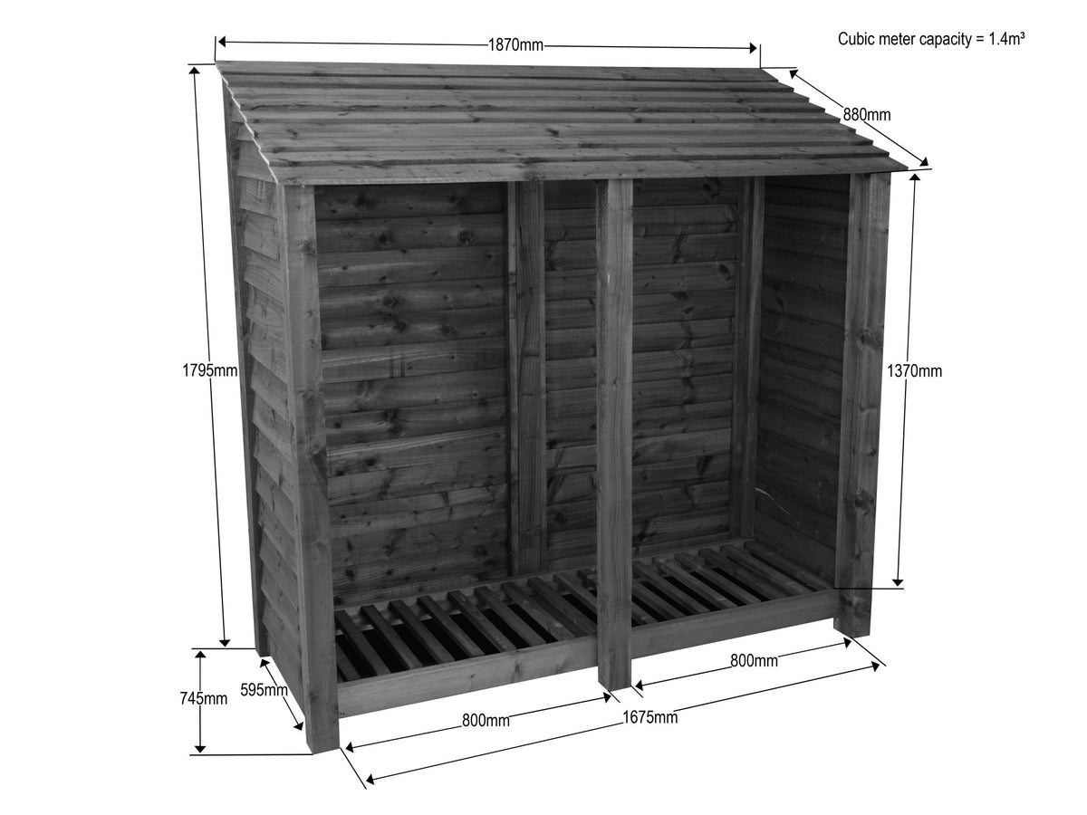 Slatted Wooden Log Store with Shelf W-187cm, H-126cm or 180cm, D-88cm - Brown Finish - SGP Garden Ltd