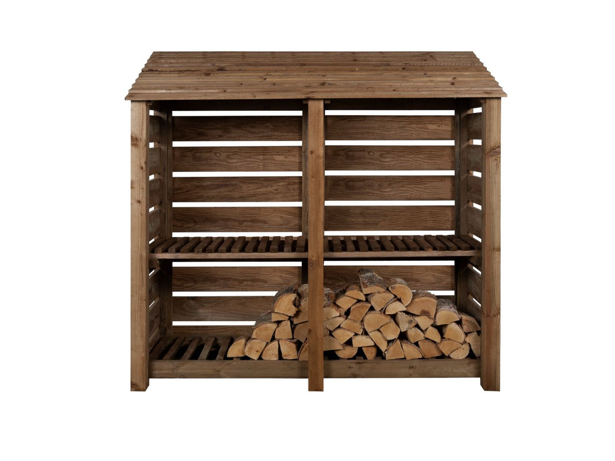 Slatted Wooden Log Store with Shelf W-187cm, H-126cm or 180cm, D-88cm - Brown Finish - SGP Garden Ltd