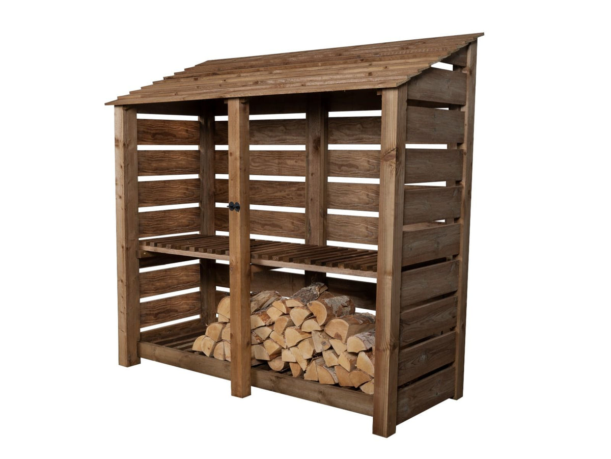 Slatted Wooden Log Store with Shelf W-187cm, H-126cm or 180cm, D-88cm - Brown Finish - SGP Garden Ltd