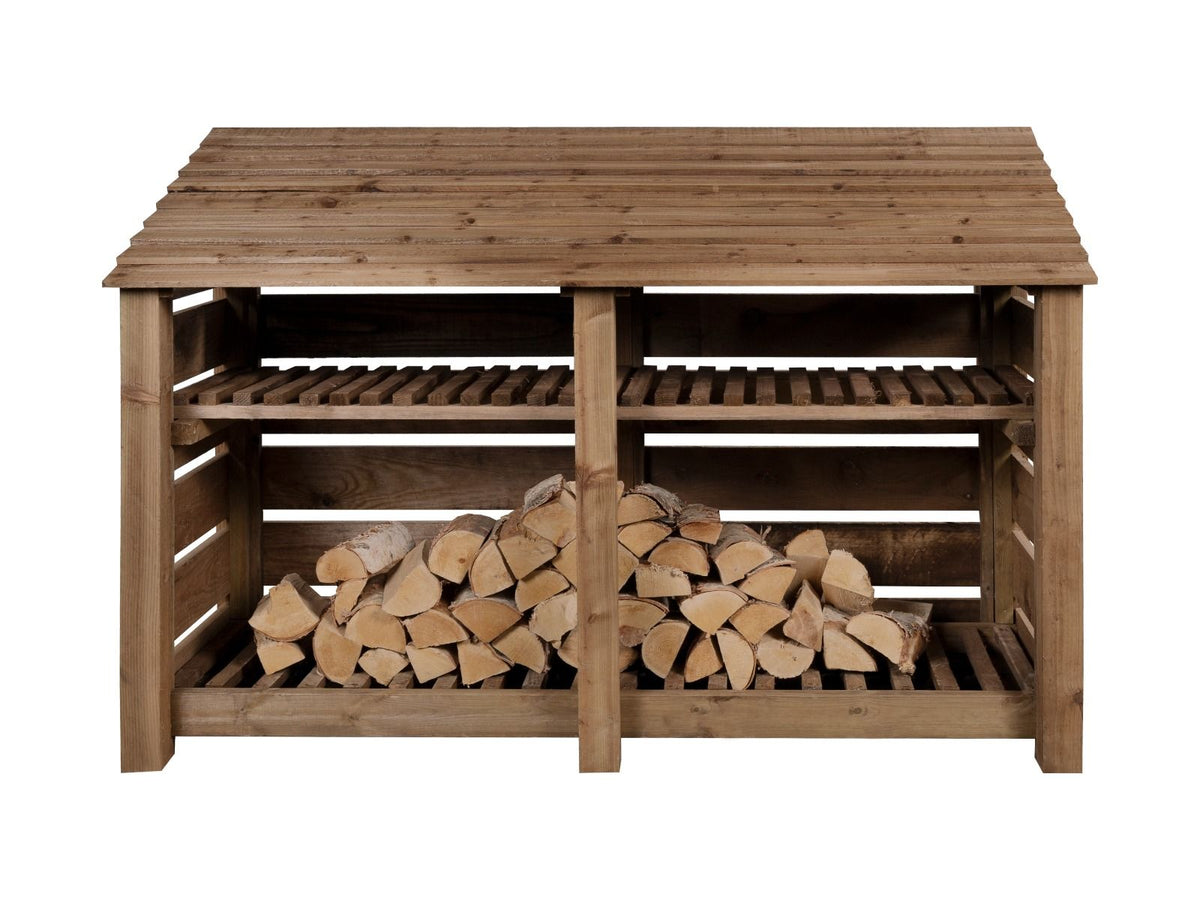 Slatted Wooden Log Store with Shelf W-187cm, H-126cm or 180cm, D-88cm - Brown Finish - SGP Garden Ltd