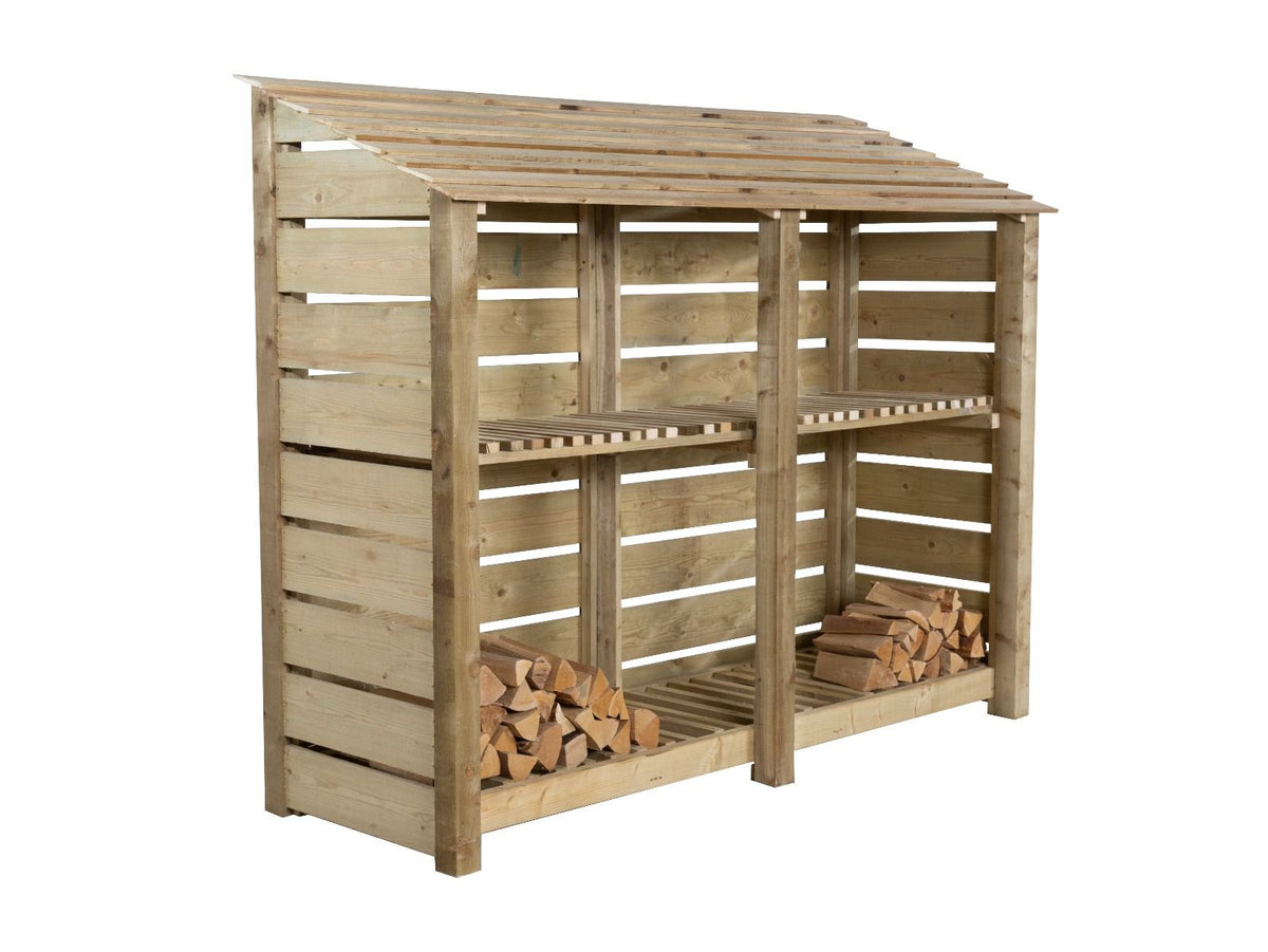 Slatted Wooden Log Store with Shelf W-227cm, H-126cm or 180cm, D-88cm - SGP Garden Ltd